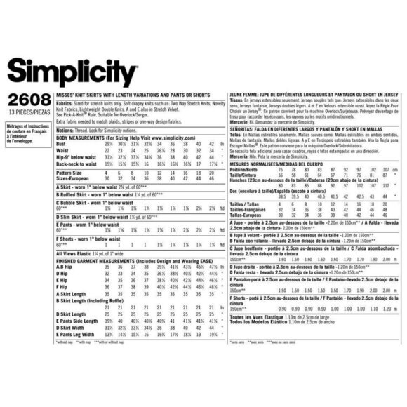 Simplicity Sewing Pattern 2608 Skirt Pants Shorts Knits Misses Size 4-12 - Picture 2 of 3